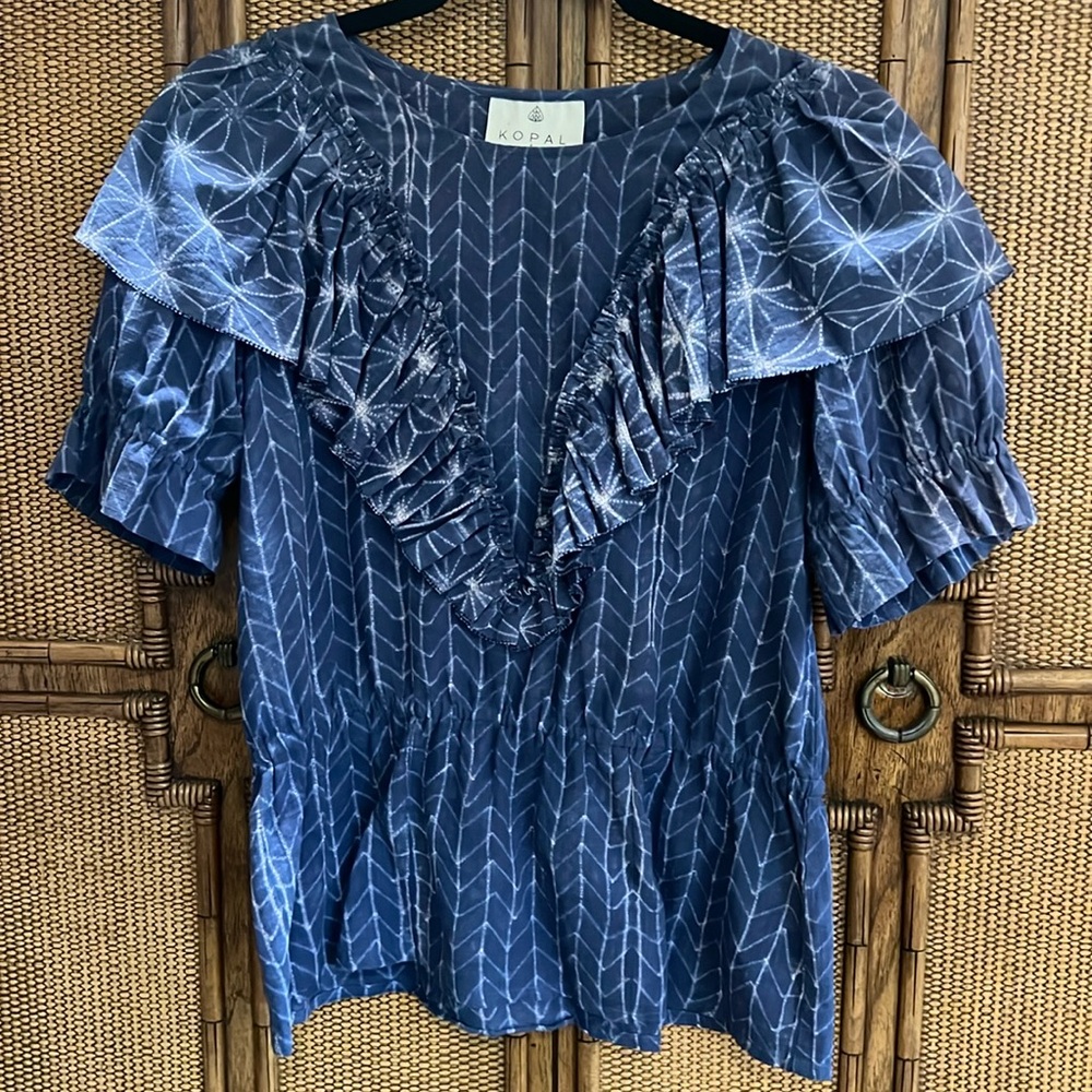 Kopal Kavya Ruffle Top - Blue Cotton